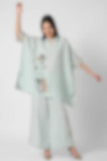 Ice Blue Linen Printed & Floral Thread Embroidered Co-Ord Set by Kaveri at Pernia's Pop Up Shop