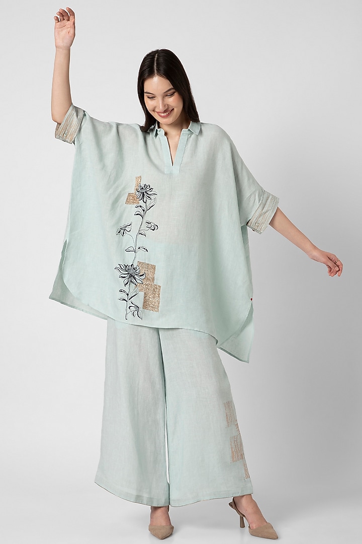 Ice Blue Linen Printed & Floral Thread Embroidered Co-Ord Set by Kaveri at Pernia's Pop Up Shop