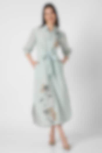 Ice Blue Linen Hand Screen Printed & Floral Thread Embroidered Tie-Up Summer Dress by Kaveri at Pernia's Pop Up Shop