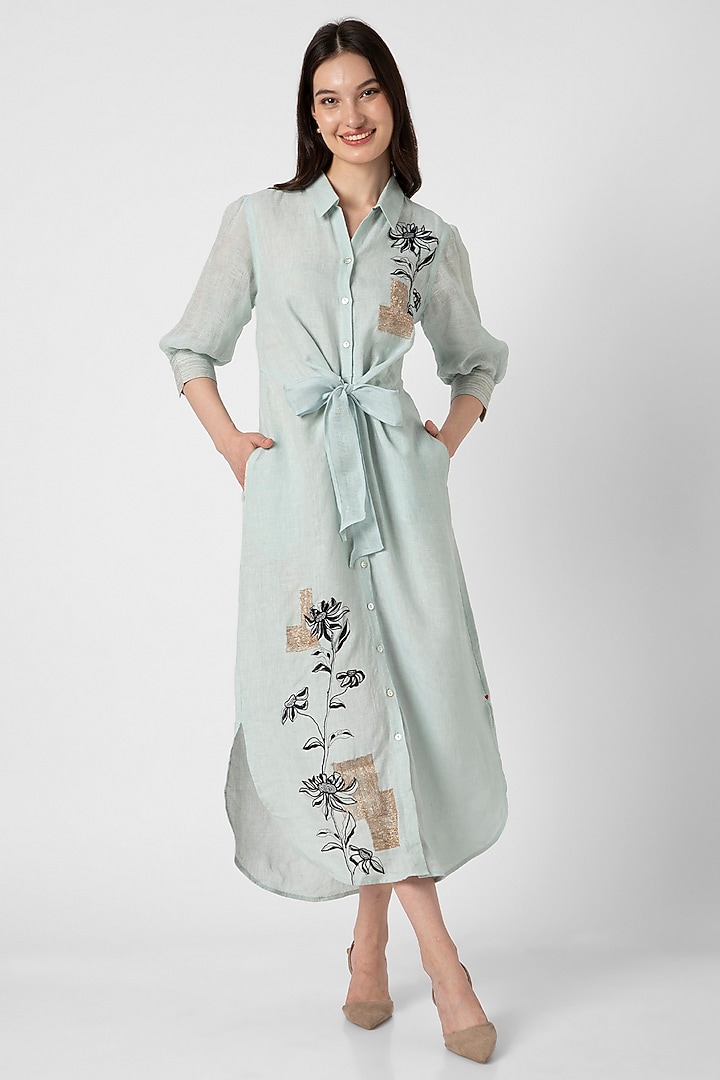 Ice Blue Linen Hand Screen Printed & Floral Thread Embroidered Tie-Up Summer Dress by Kaveri at Pernia's Pop Up Shop