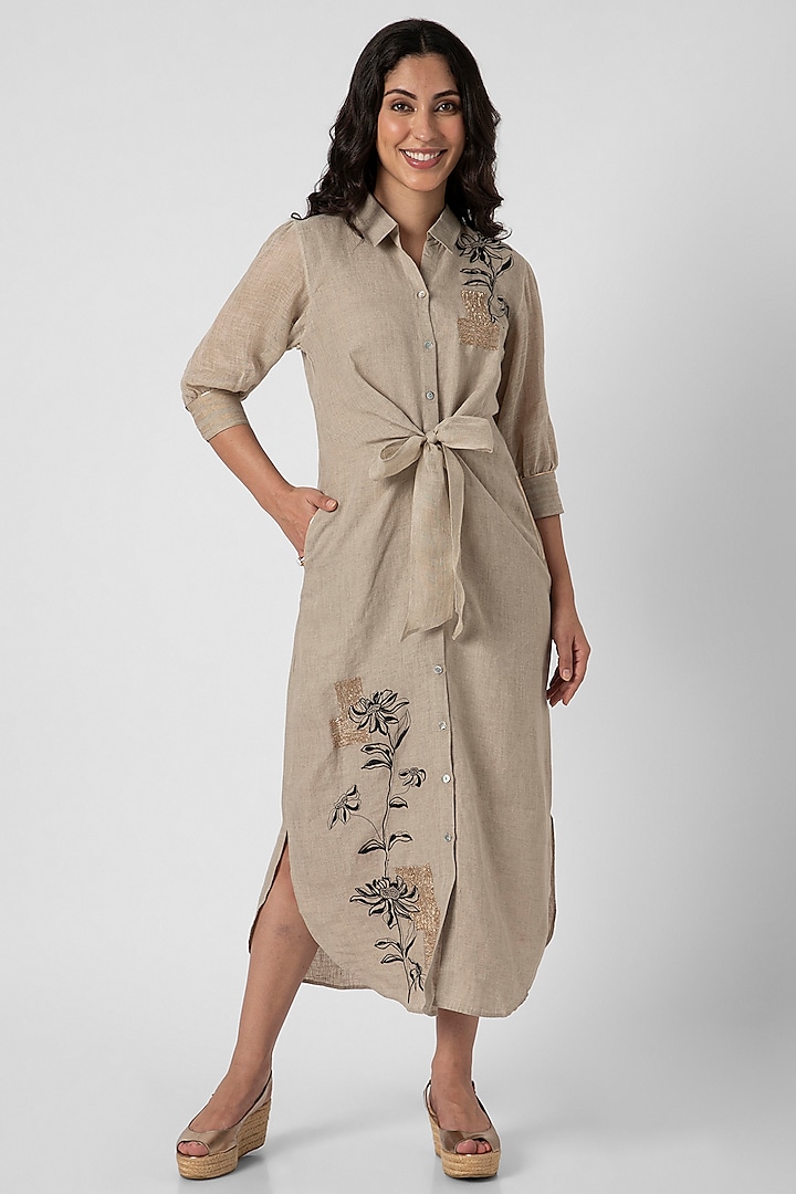 Beige Linen Hand Screen Printed & Floral Thread Embroidered Tie-Up Dress by Kaveri at Pernia's Pop Up Shop