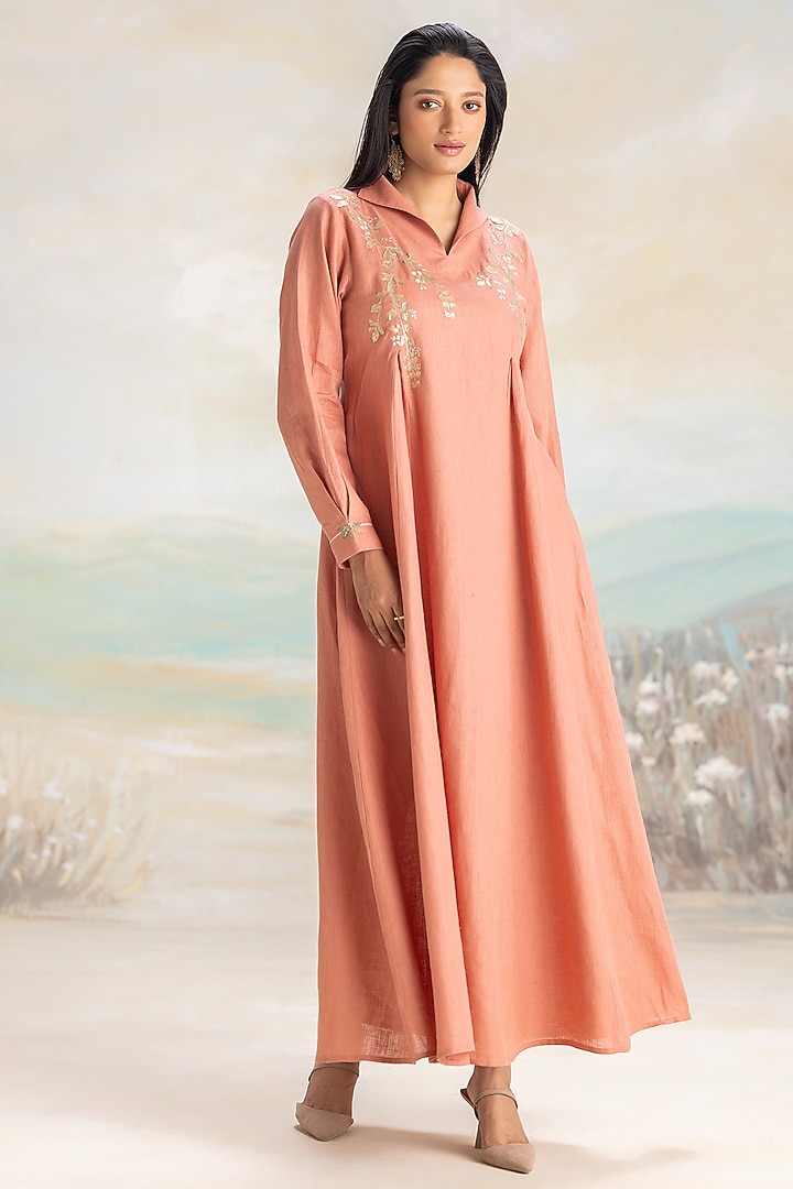 Peach Linen Embroidered Vacation Dress by Kaveri at Pernia's Pop Up Shop