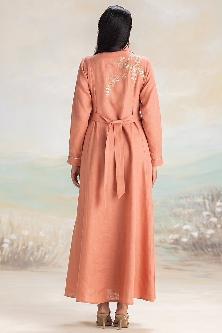 Peach Linen Embroidered Vacation Dress by Kaveri at Pernia's Pop Up Shop