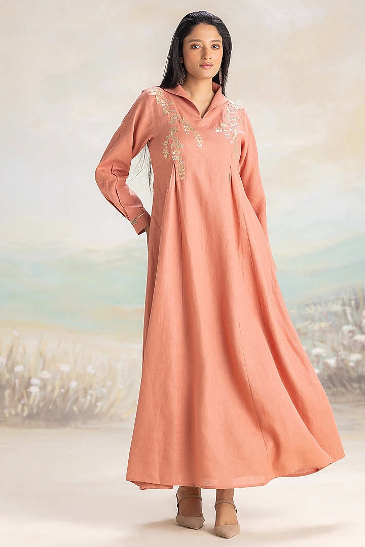 Peach Linen Embroidered Vacation Dress by Kaveri at Pernia's Pop Up Shop