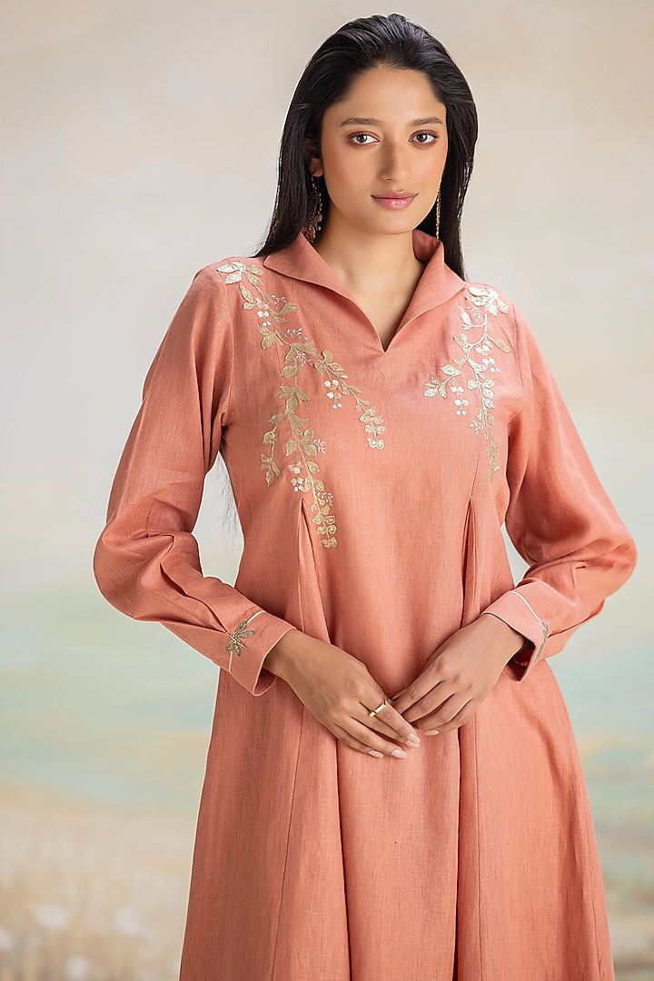 Peach Linen Embroidered Vacation Dress by Kaveri at Pernia's Pop Up Shop