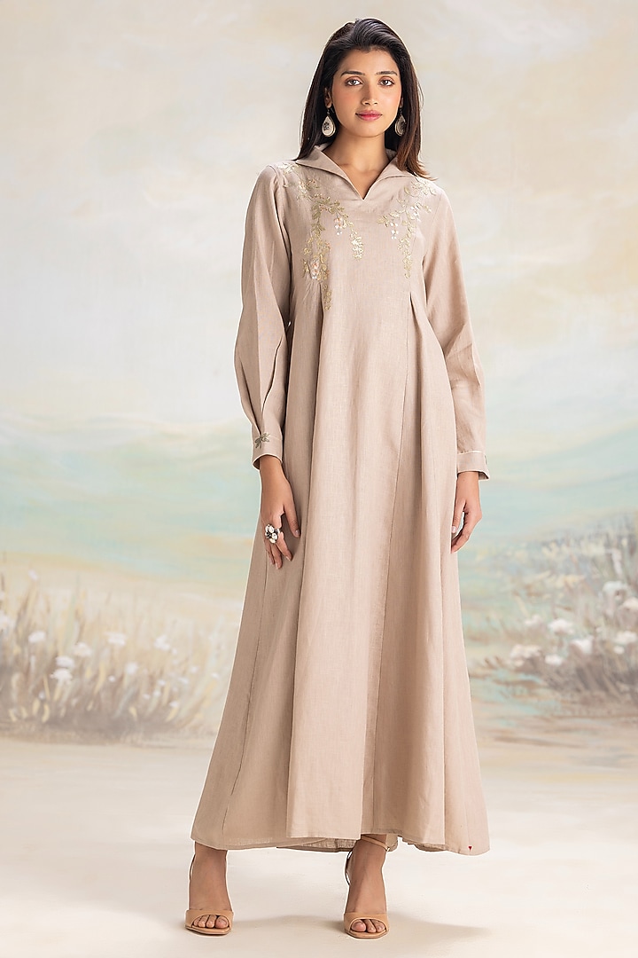 Sage Linen Embroidered Kaftan by Kaveri at Pernia's Pop Up Shop
