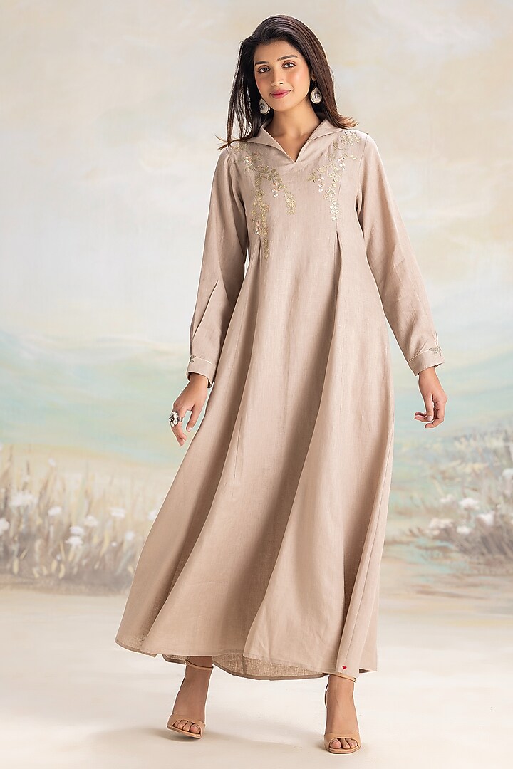 Sage Linen Embroidered Kaftan by Kaveri at Pernia's Pop Up Shop