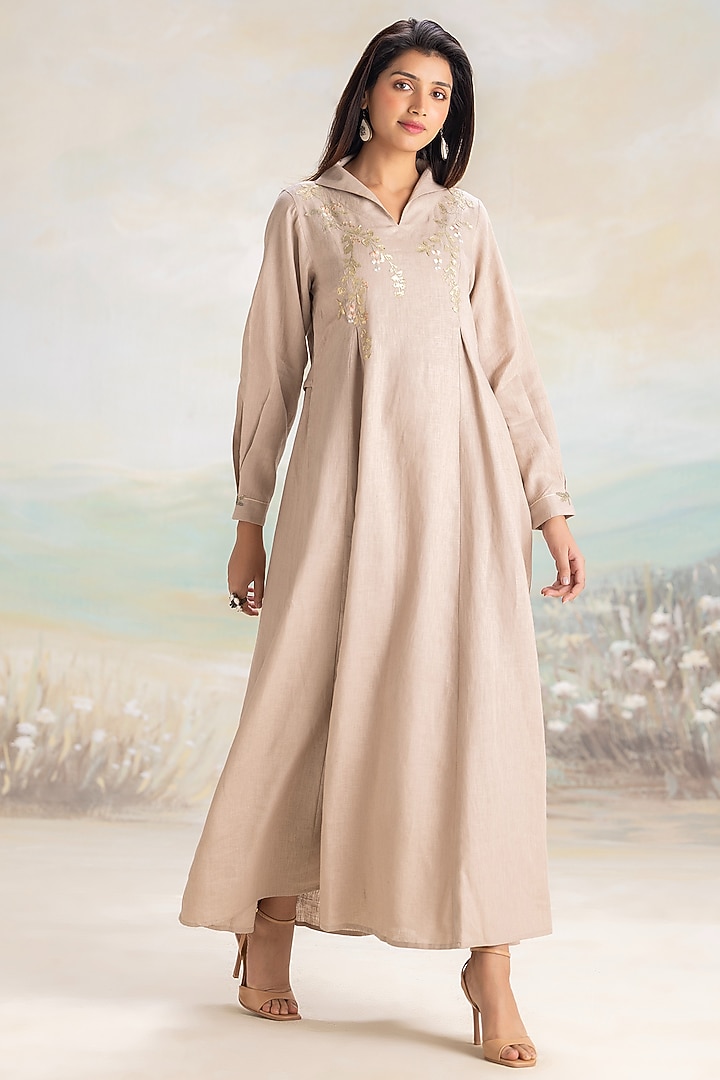 Sage Linen Embroidered Kaftan by Kaveri at Pernia's Pop Up Shop
