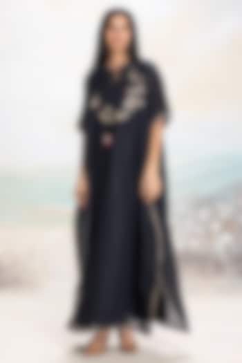 Black Linen Embroidered Kaftan by Kaveri at Pernia's Pop Up Shop