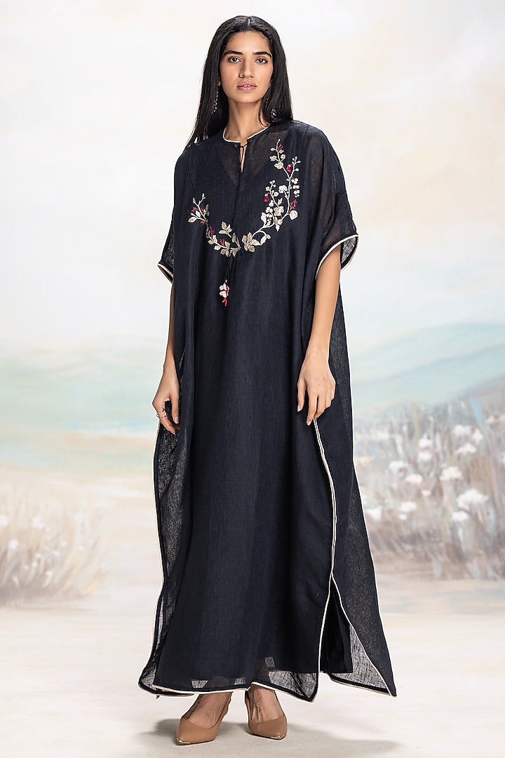 Black Linen Embroidered Kaftan by Kaveri at Pernia's Pop Up Shop