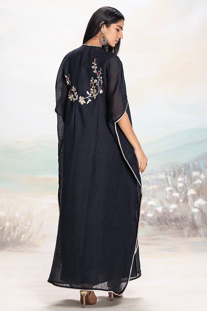 Black Linen Embroidered Kaftan by Kaveri at Pernia's Pop Up Shop