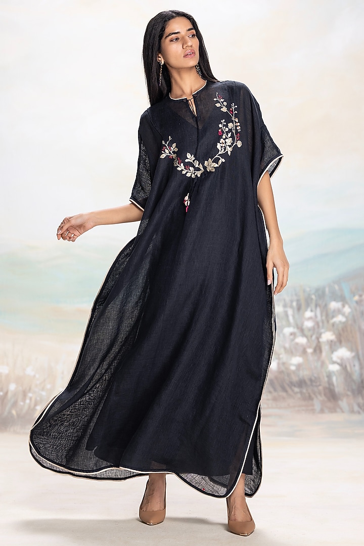 Black Linen Embroidered Kaftan by Kaveri at Pernia's Pop Up Shop