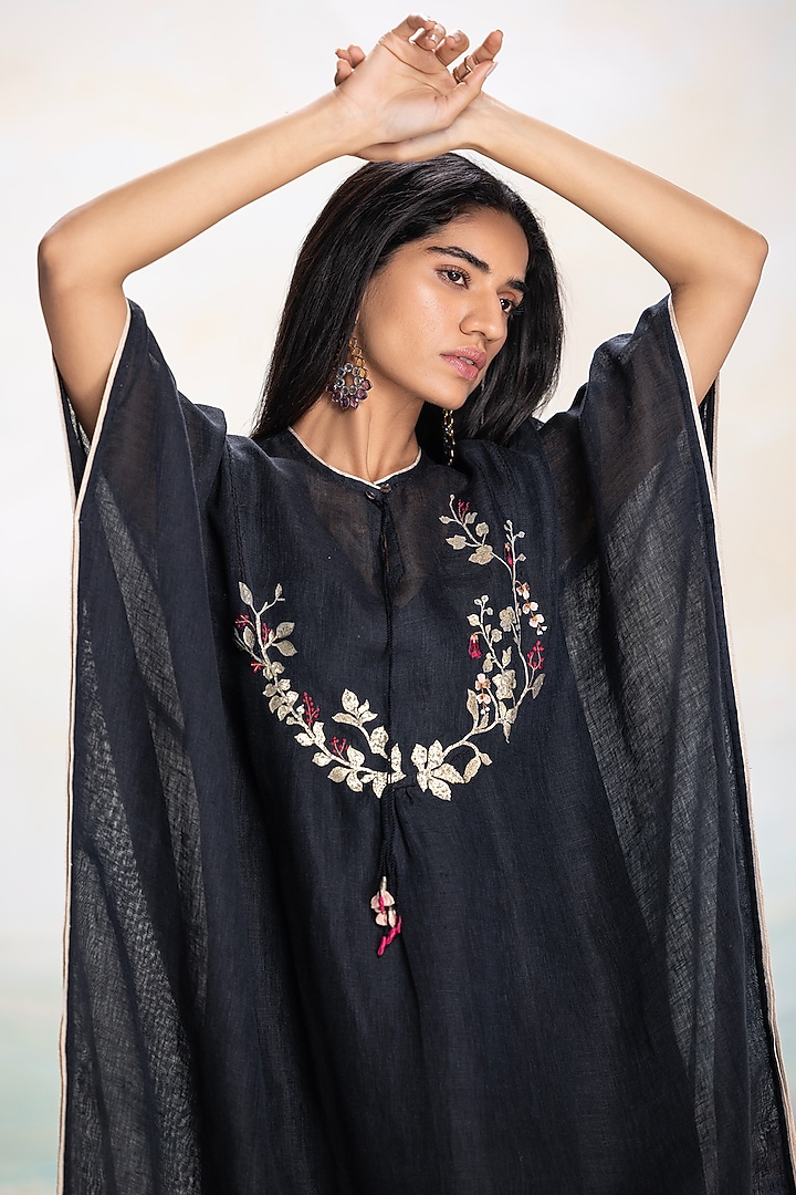 Black Linen Embroidered Kaftan by Kaveri at Pernia's Pop Up Shop