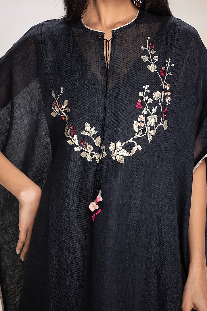 Black Linen Embroidered Kaftan by Kaveri at Pernia's Pop Up Shop