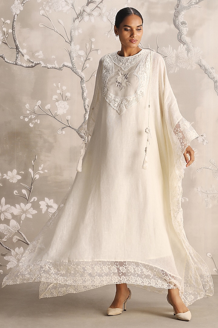 Off-White Linen Embroidered Kaftan by Kaveri at Pernia's Pop Up Shop