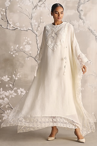 Off-White Linen Embroidered Kaftan by Kaveri