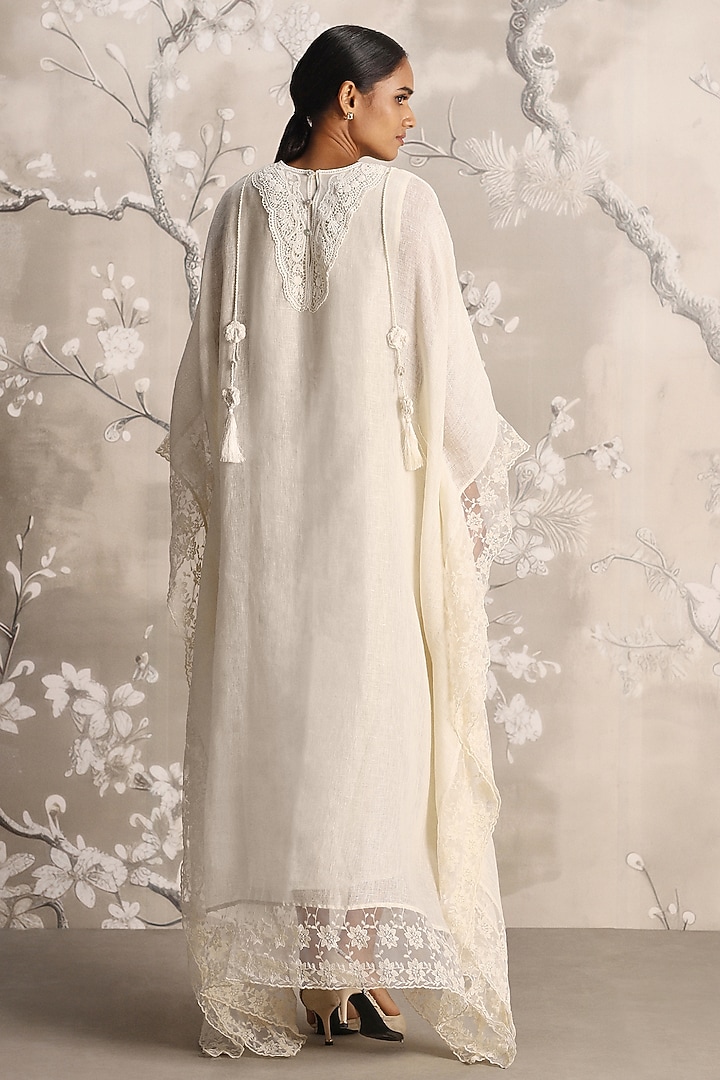 Off-White Linen Embroidered Kaftan by Kaveri at Pernia's Pop Up Shop