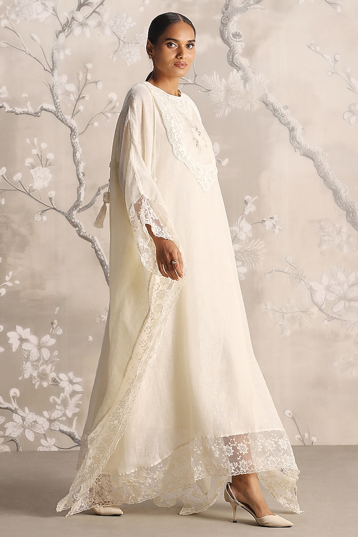Off-White Linen Embroidered Kaftan by Kaveri at Pernia's Pop Up Shop