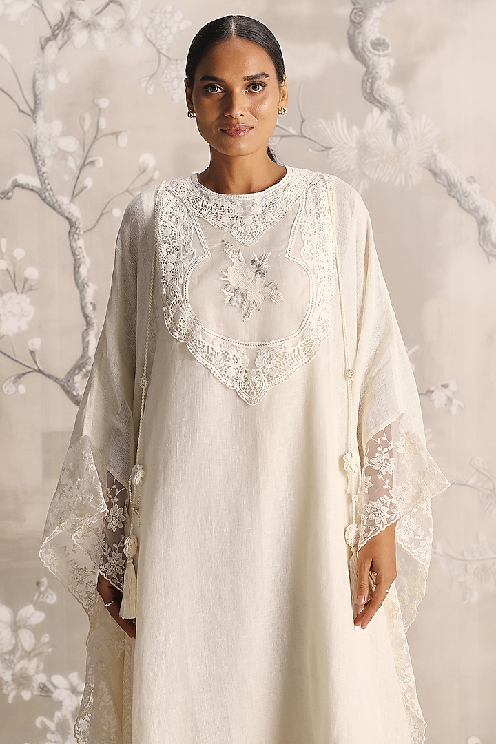 Off-White Linen Embroidered Kaftan by Kaveri at Pernia's Pop Up Shop