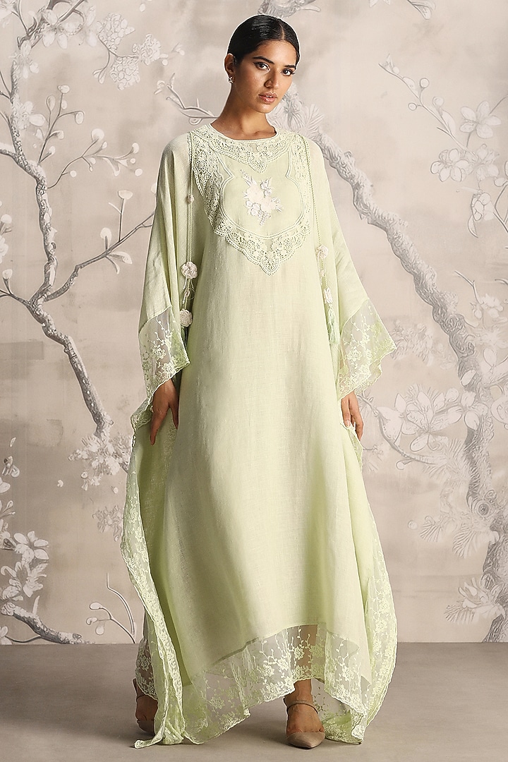 Lane Green Linen Embroidered Kaftan by Kaveri at Pernia's Pop Up Shop