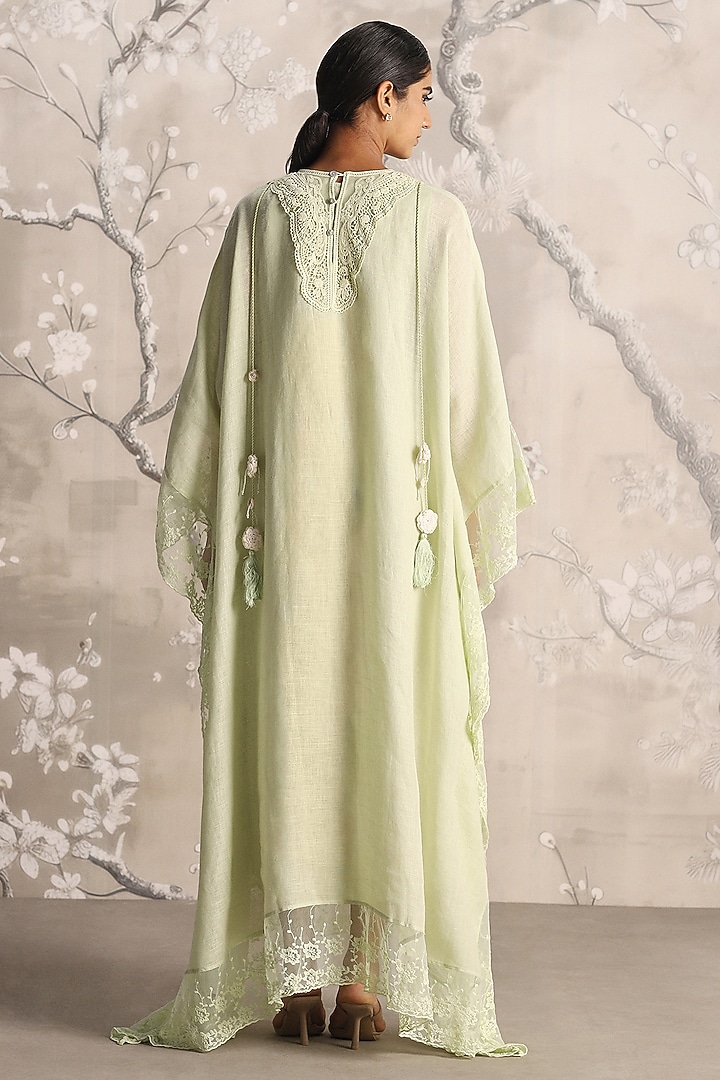 Lane Green Linen Embroidered Kaftan by Kaveri at Pernia's Pop Up Shop