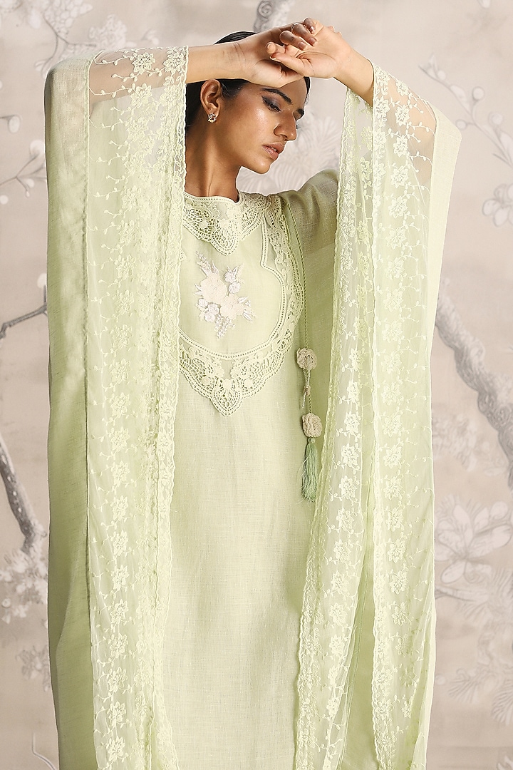 Lane Green Linen Embroidered Kaftan by Kaveri at Pernia's Pop Up Shop