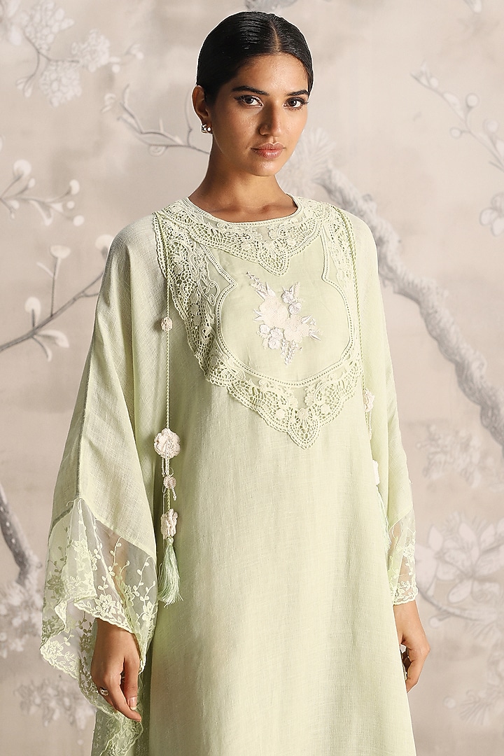 Lane Green Linen Embroidered Kaftan by Kaveri at Pernia's Pop Up Shop