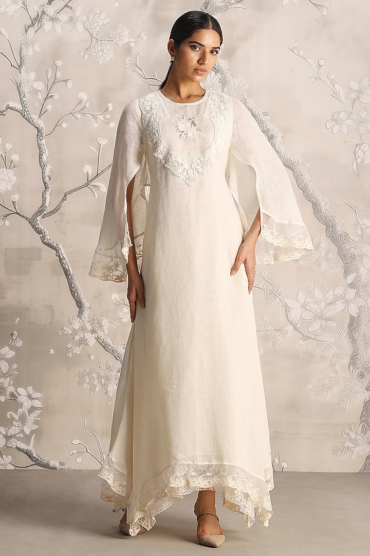 Off-White Linen Embroidered Cocktail Dress by Kaveri at Pernia's Pop Up Shop