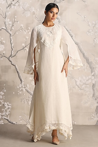 Off-White Linen Embroidered Dress by Kaveri