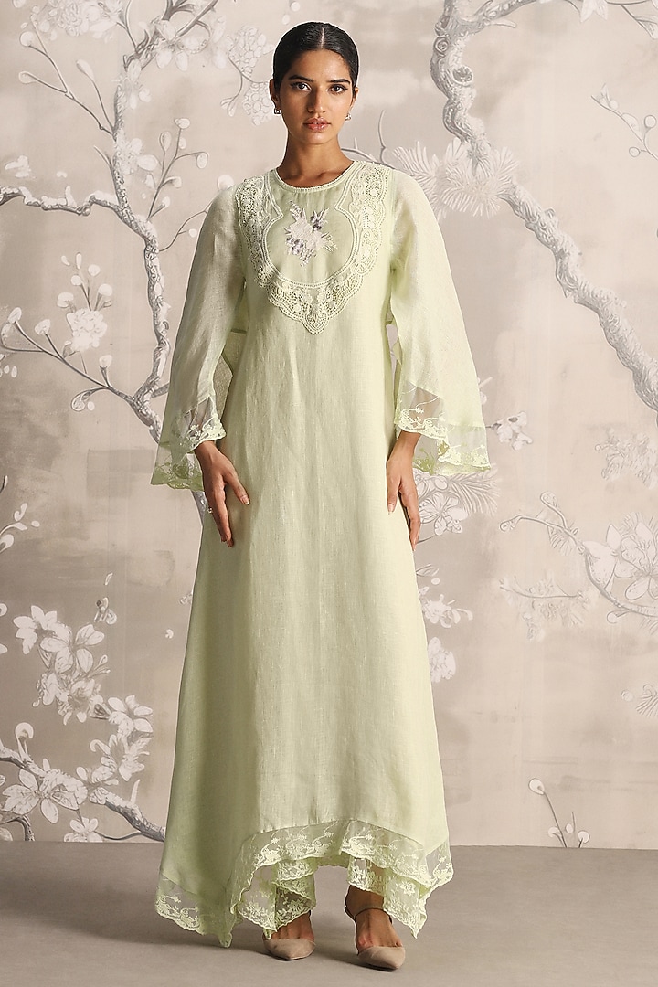 Lane Green Linen Embroidered Cocktail Dress by Kaveri at Pernia's Pop Up Shop