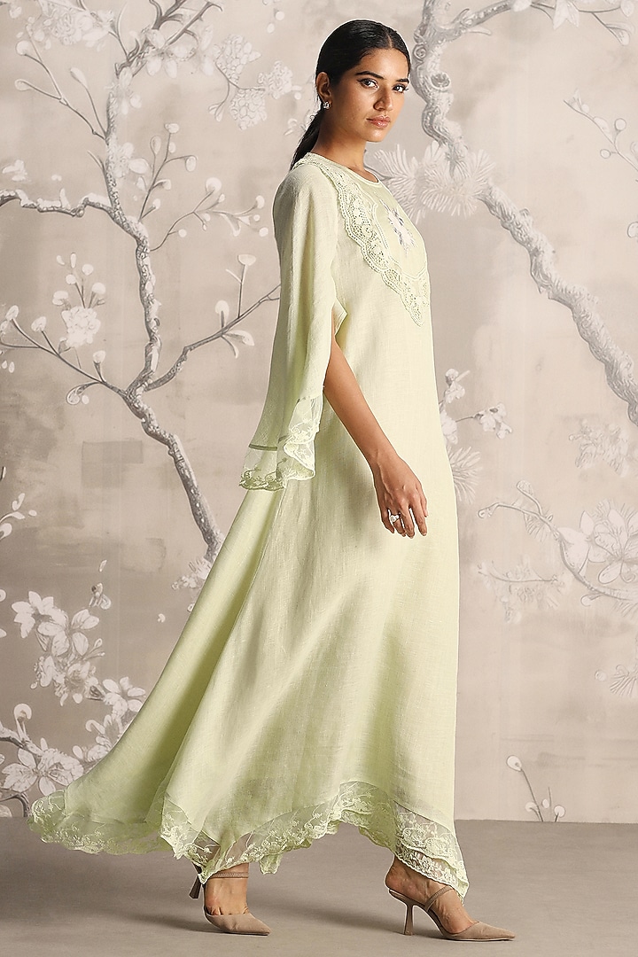 Lane Green Linen Embroidered Cocktail Dress by Kaveri at Pernia's Pop Up Shop