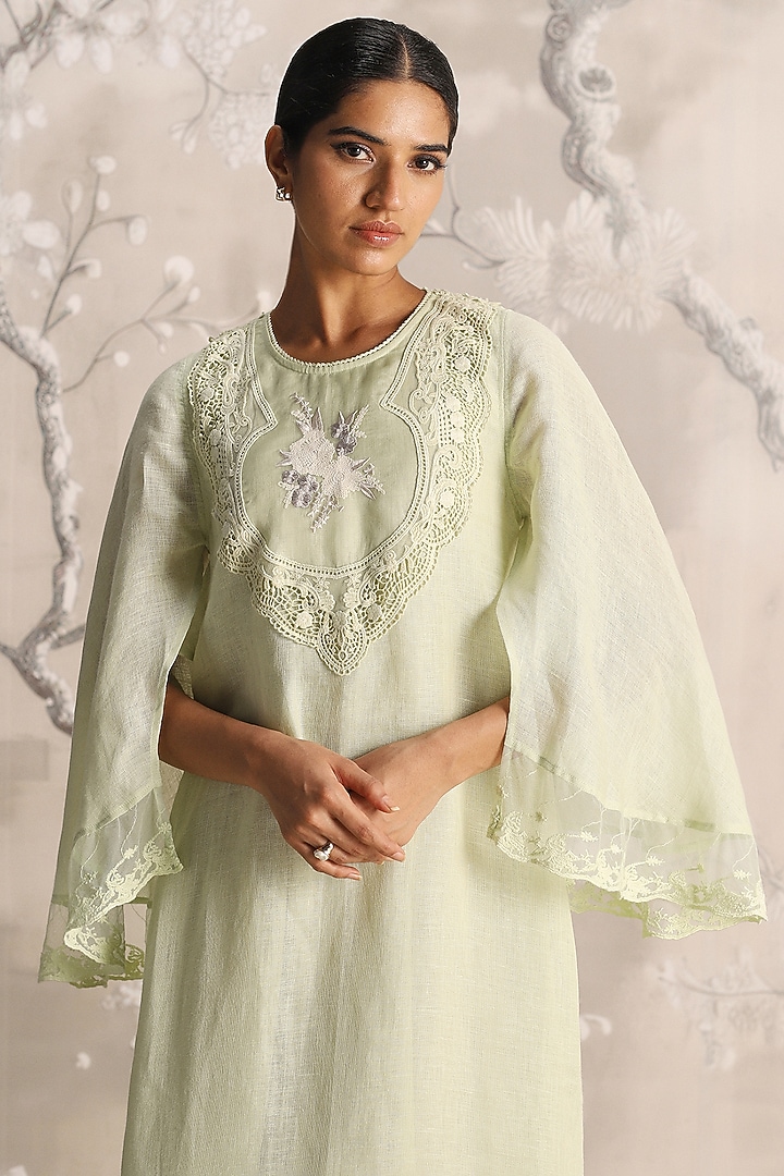 Lane Green Linen Embroidered Cocktail Dress by Kaveri at Pernia's Pop Up Shop