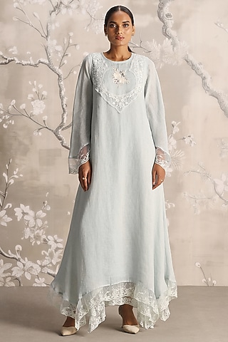Ice Linen Embroidered Dress by Kaveri