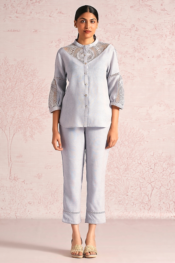 Smoke Grey Linen Blend Machine Embroidered Top by Kaveri at Pernia's Pop Up Shop