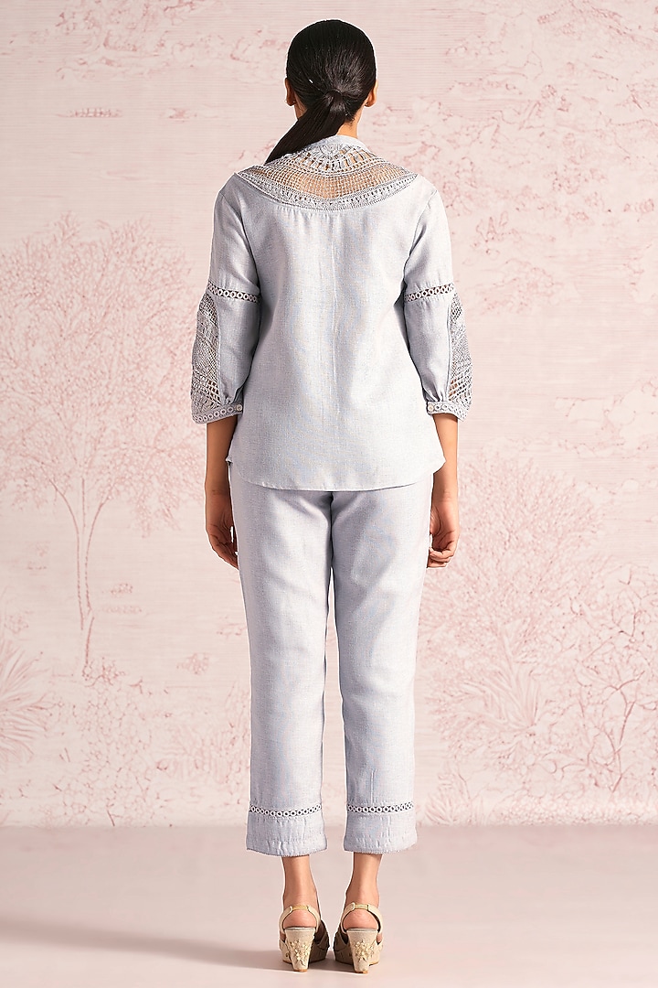 Smoke Grey Linen Blend Machine Embroidered Top by Kaveri at Pernia's Pop Up Shop