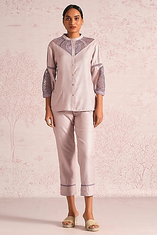 Mauve Linen Blend Machine Embroidered Top by Kaveri