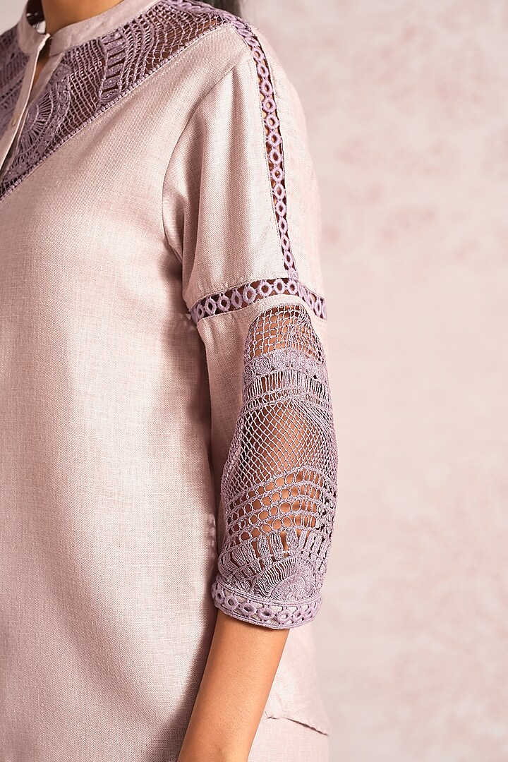 Mauve Linen Blend Machine Embroidered Top by Kaveri at Pernia's Pop Up Shop
