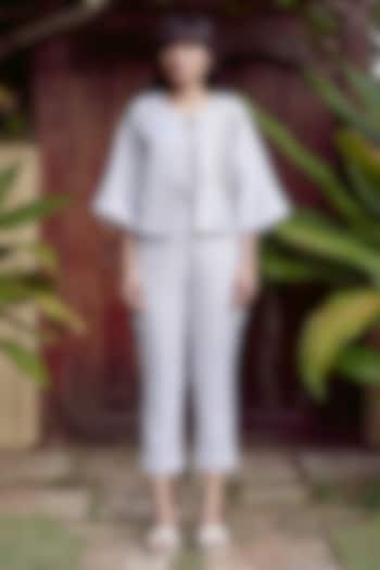 Smoke Grey Linen Blend Machine Embroidered Co-Ord Set by Kaveri at Pernia's Pop Up Shop