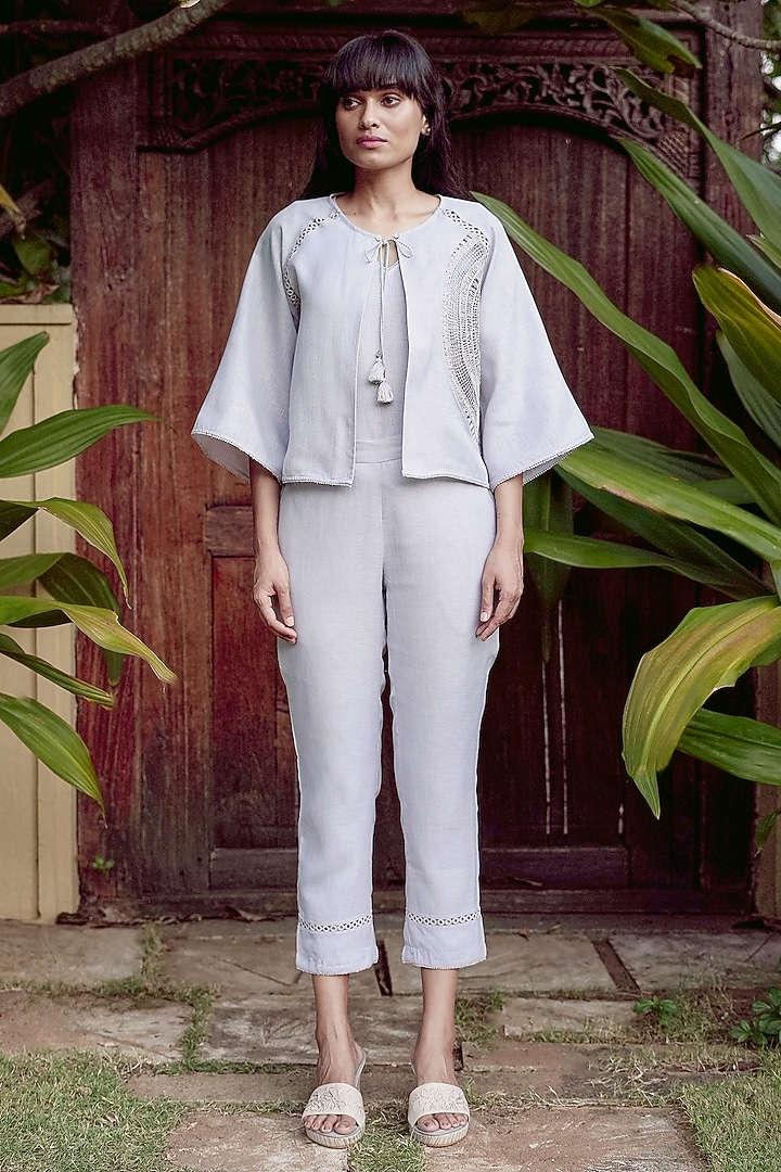 Smoke Grey Linen Blend Machine Embroidered Co-Ord Set by Kaveri at Pernia's Pop Up Shop