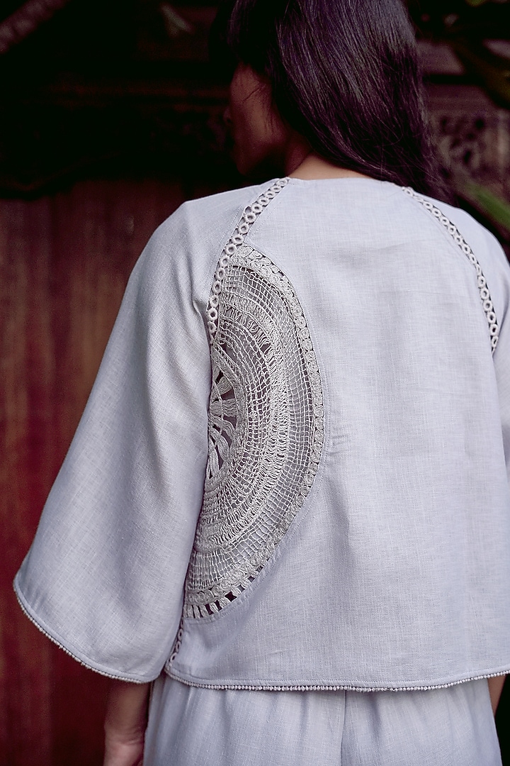 Smoke Grey Linen Blend Machine Embroidered Co-Ord Set by Kaveri at Pernia's Pop Up Shop