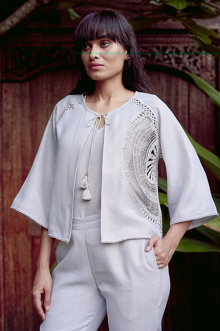 Smoke Grey Linen Blend Machine Embroidered Co-Ord Set by Kaveri at Pernia's Pop Up Shop