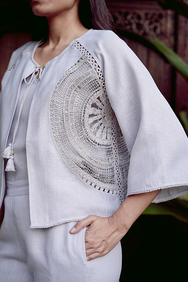 Smoke Grey Linen Blend Machine Embroidered Co-Ord Set by Kaveri at Pernia's Pop Up Shop