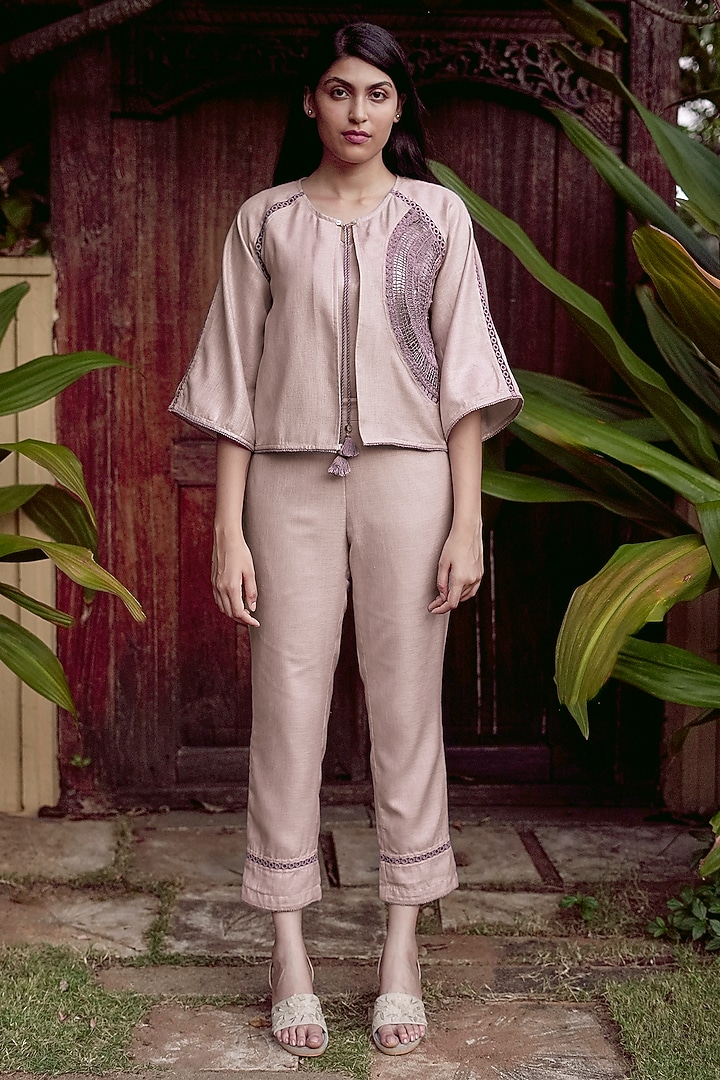 Mauve Linen Blend Machine Embroidered Co-Ord Set by Kaveri at Pernia's Pop Up Shop