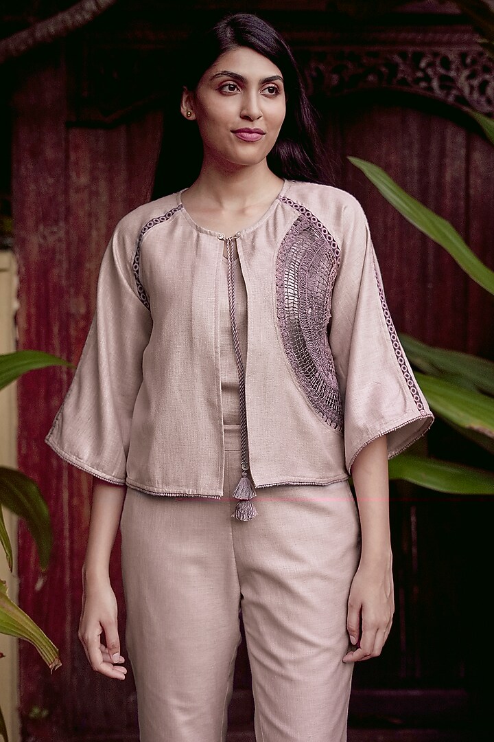 Mauve Linen Blend Machine Embroidered Co-Ord Set by Kaveri at Pernia's Pop Up Shop