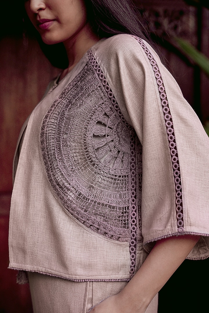 Mauve Linen Blend Machine Embroidered Co-Ord Set by Kaveri at Pernia's Pop Up Shop