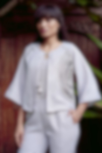 Smoke Grey Linen Blend Machine Embroidered Short Jacket by Kaveri at Pernia's Pop Up Shop