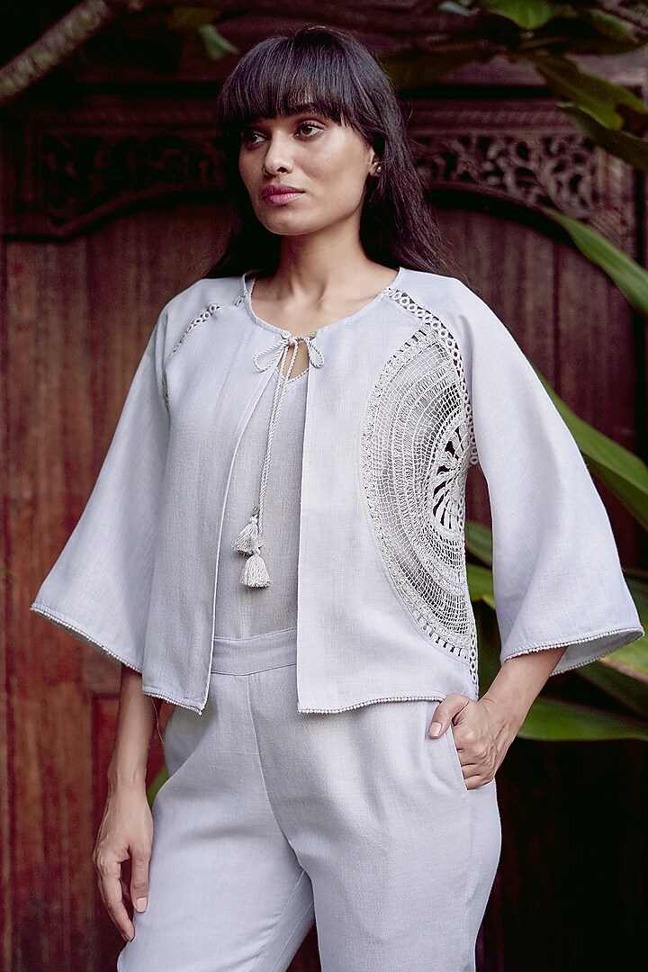 Smoke Grey Linen Blend Machine Embroidered Short Jacket by Kaveri at Pernia's Pop Up Shop
