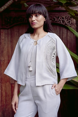 Smoke Grey Linen Blend Machine Embroidered Short Jacket by Kaveri