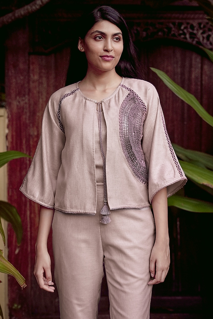 Mauve Linen Blend Machine Embroidered Short Jacket by Kaveri at Pernia's Pop Up Shop
