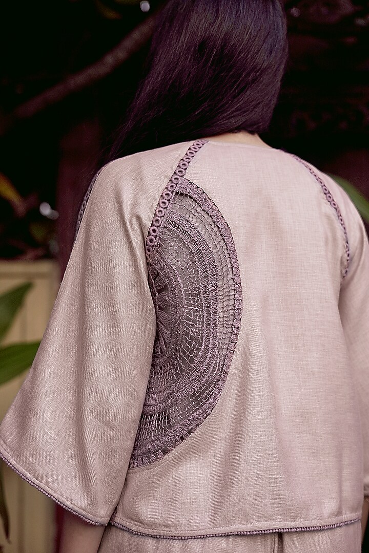 Mauve Linen Blend Machine Embroidered Short Jacket by Kaveri at Pernia's Pop Up Shop